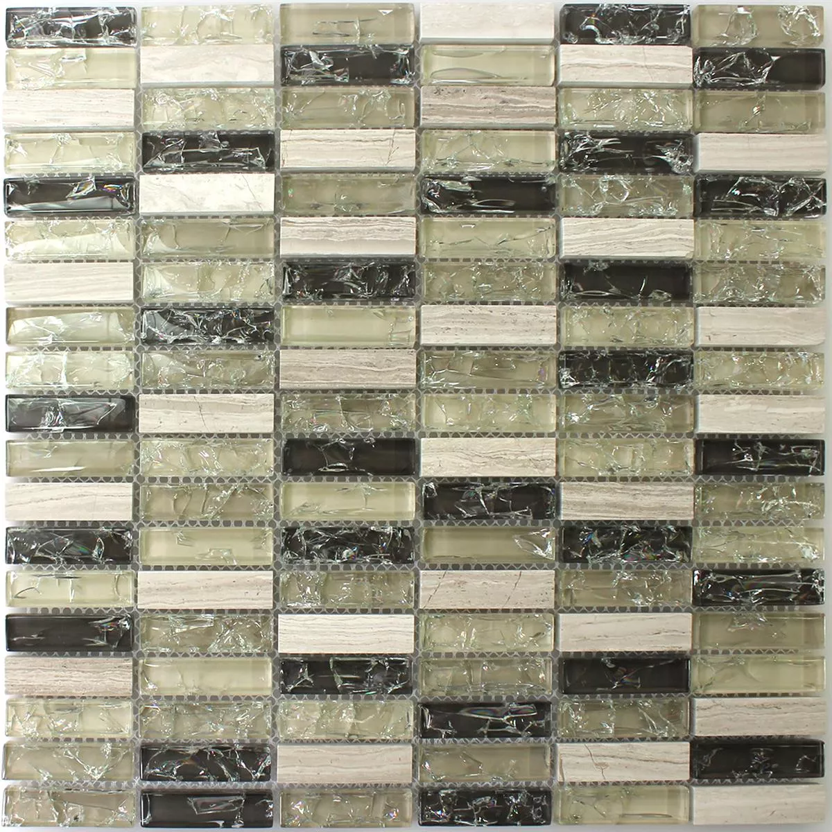 Muster von Mosaikfliesen Glas Naturstein Stäbchen Bruchglas Grün Grau