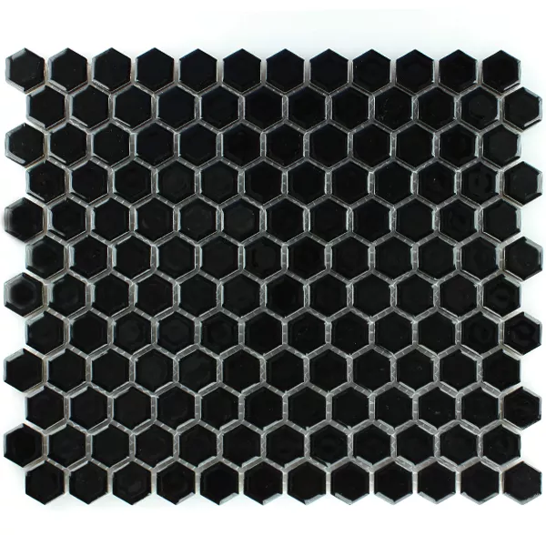 Mosaikfliesen Keramik Hexagon Schwarz Glänzend H23