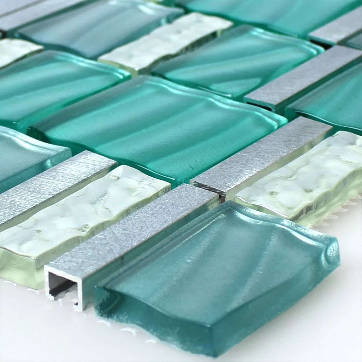 Mosaikfliesen Glas Aluminium Grün Silber Mix
