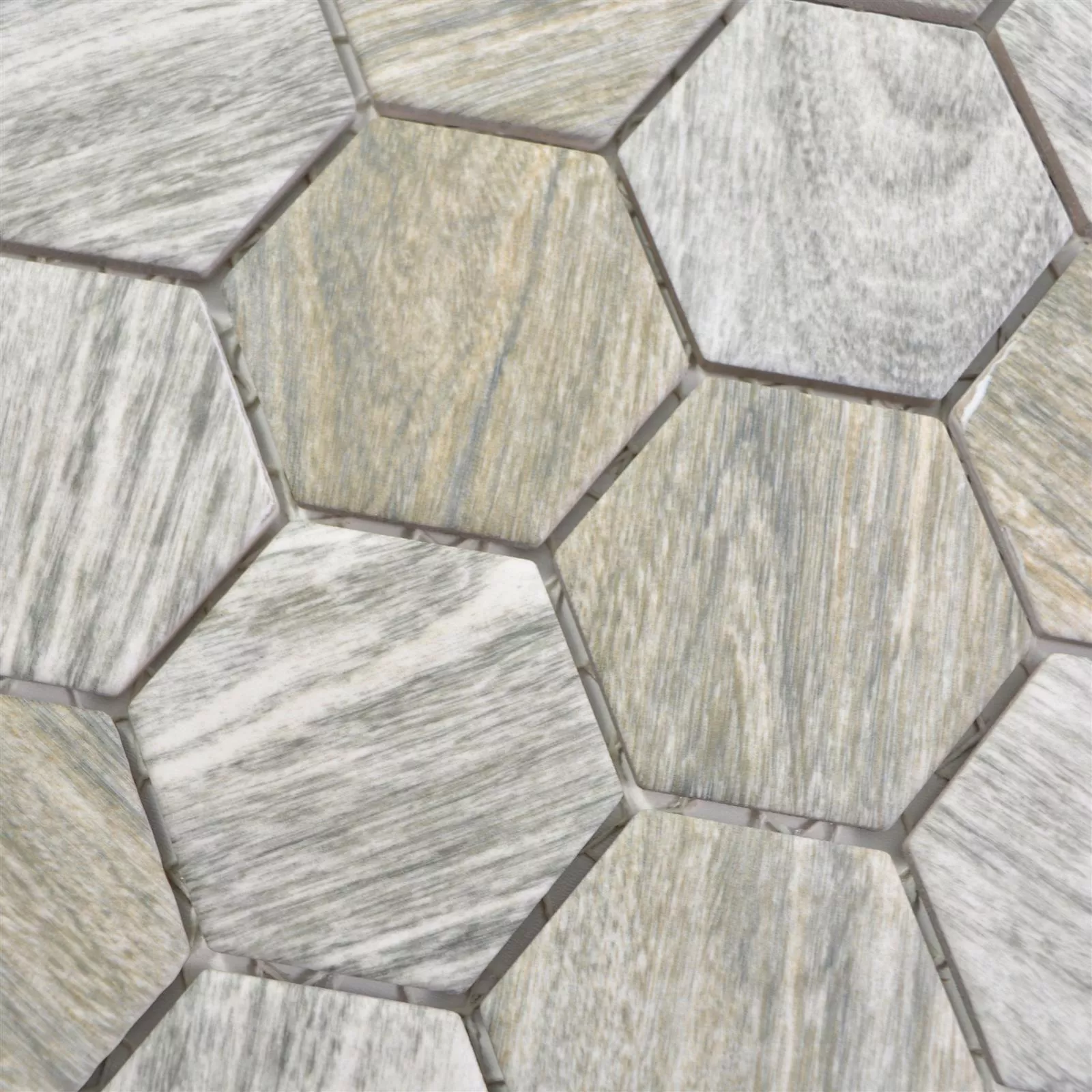 Muster von Keramikmosaik Fliesen Elmshorn Hexagon Steinoptik Grau