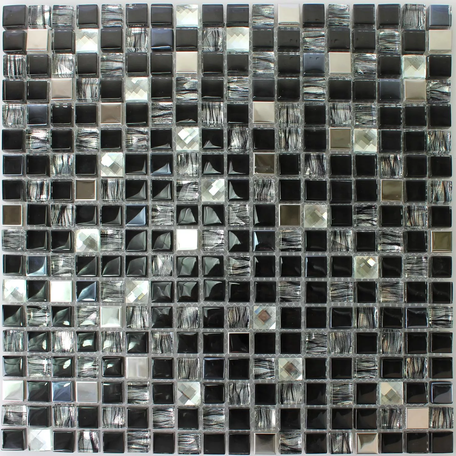 Muster von Mosaikfliesen Glas Edelstahl Malaya Schwarz Quadrat 