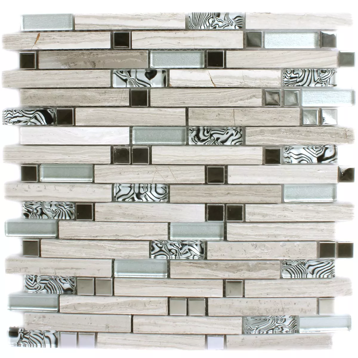 Muster von Mosaikfliesen Metall Glas Naturstein Grau Silber Mix