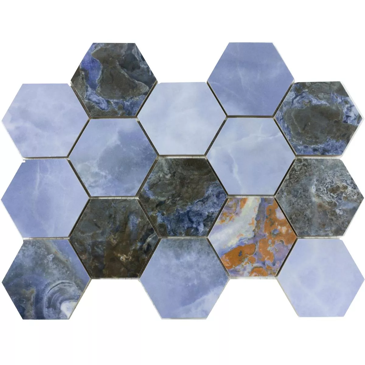Muster von Keramikmosaik Fliesen Naftalin Hexagon Blau Schwarz