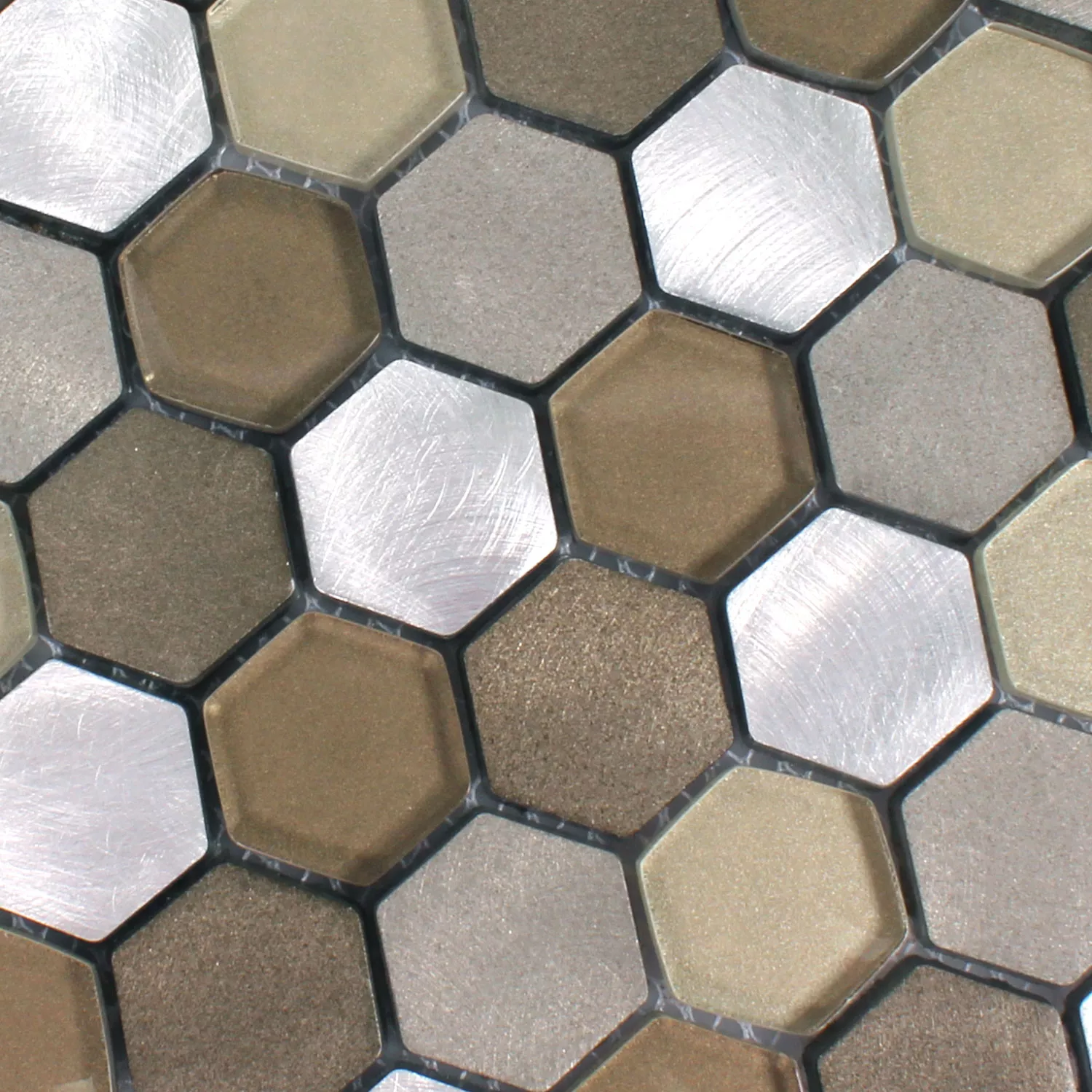 Mosaikfliesen Glas Alu Angela Hexagon Braun Silber