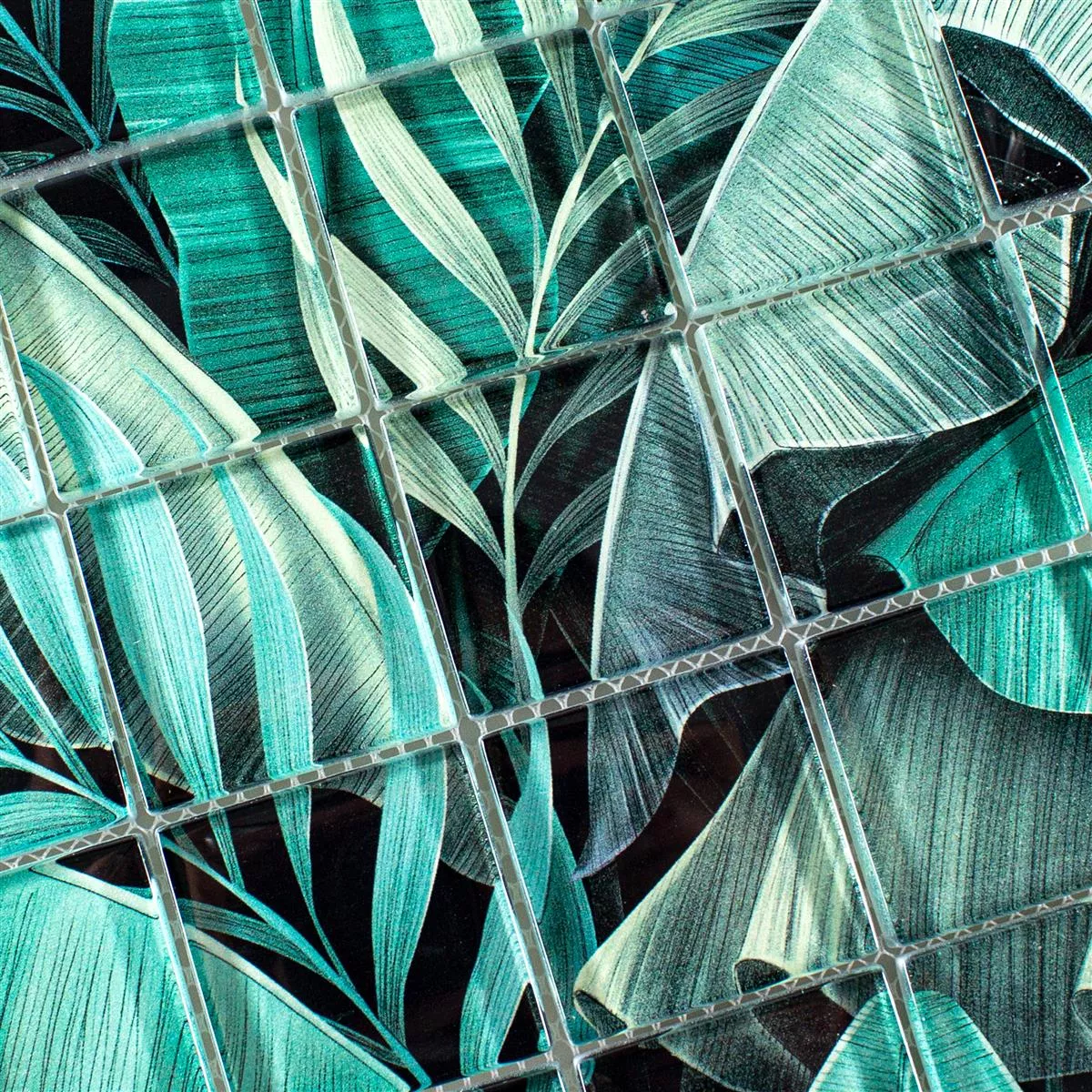 Muster von Glasmosaik Fliesen Pittsburg Blumen Optik Grün Schwarz