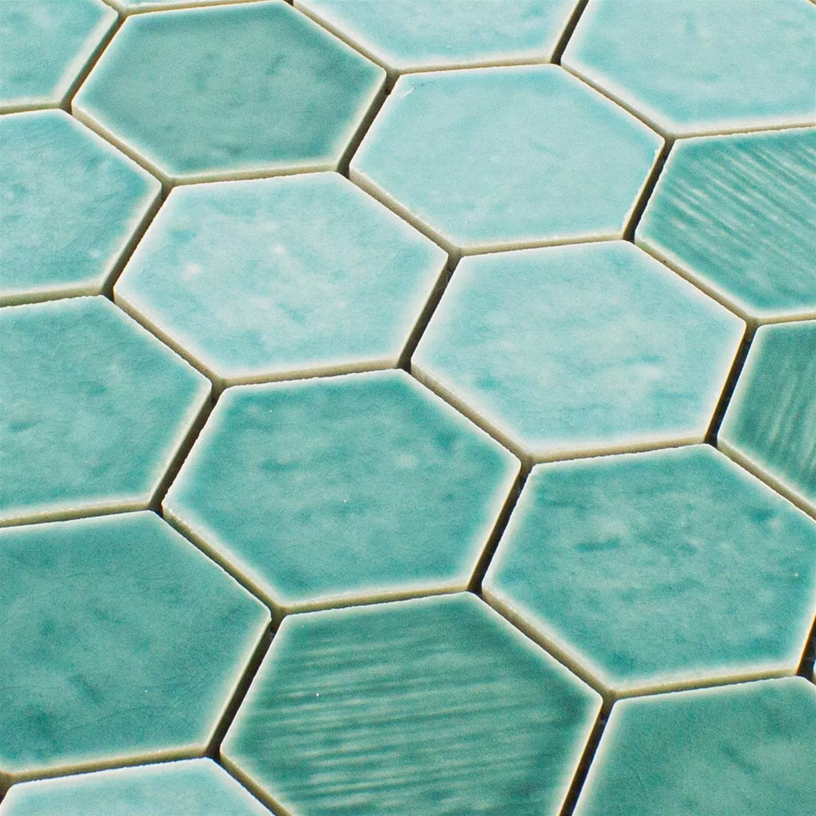 Keramik Mosaikfliese Roseburg Hexagon Glänzend Türkis