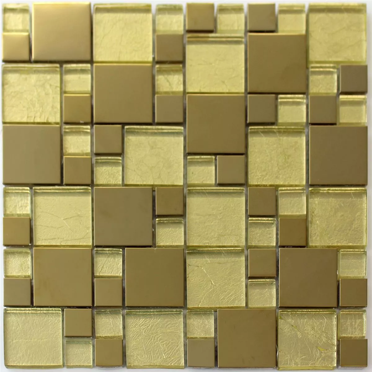Muster von Mosaikfliesen Glas Edelstahl Metall Gold