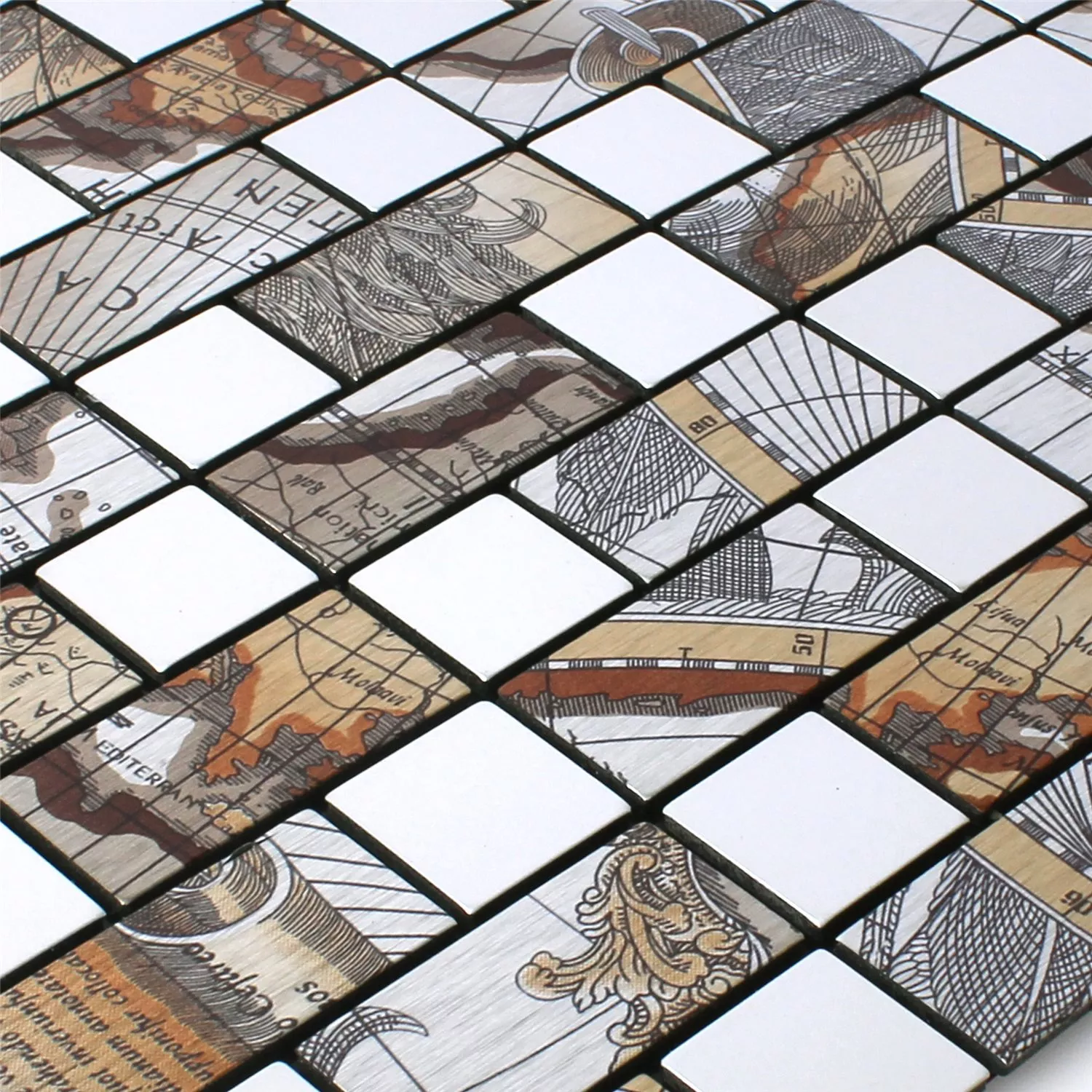Muster von Mosaikfliesen Metall Selbstklebend Pinta Weltkarte Silber Rechteck
