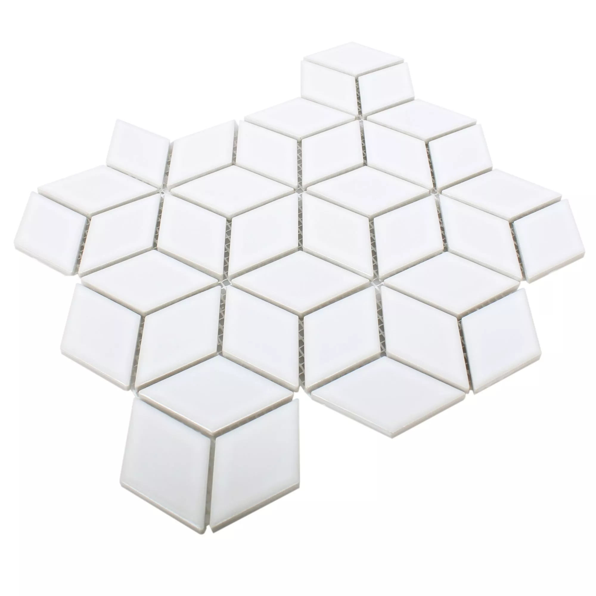 Muster von Keramik Mosaikfliesen Cavalier 3D Würfel Weiß Glänzend