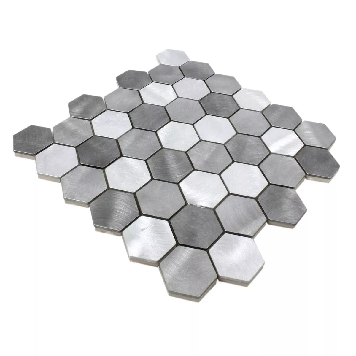 Muster von Mosaikfliesen Aluminium Manhatten Hexagon Grau Silber