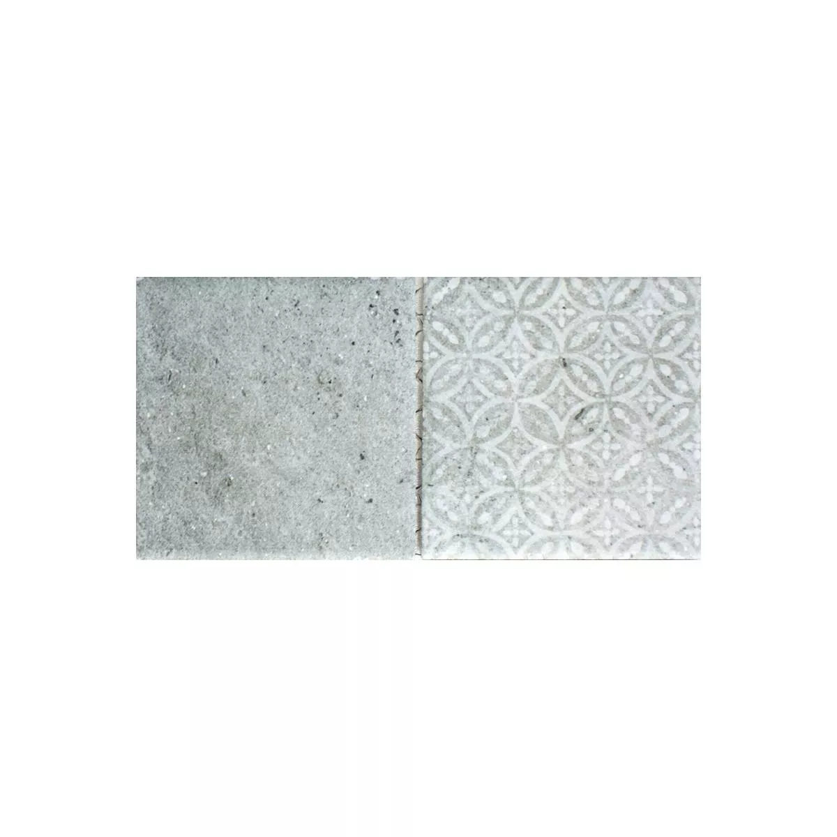 Muster von Keramik Mosaikfliesen Campeche Zementoptik Grau