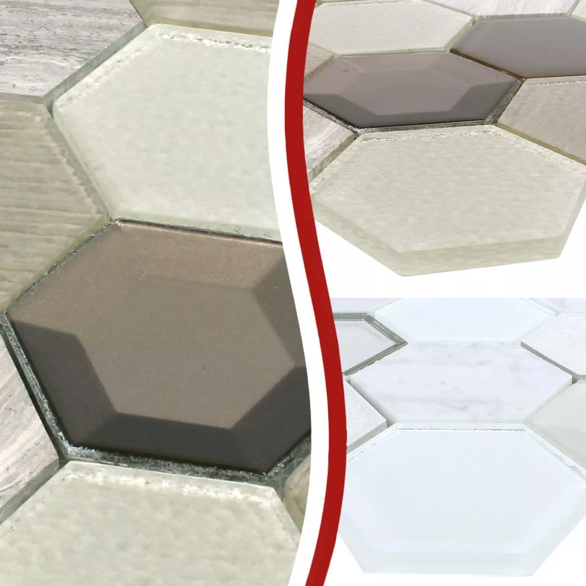 Muster von Mosaikfliesen Hexagon Concrete Glas Naturstein Mix 3D