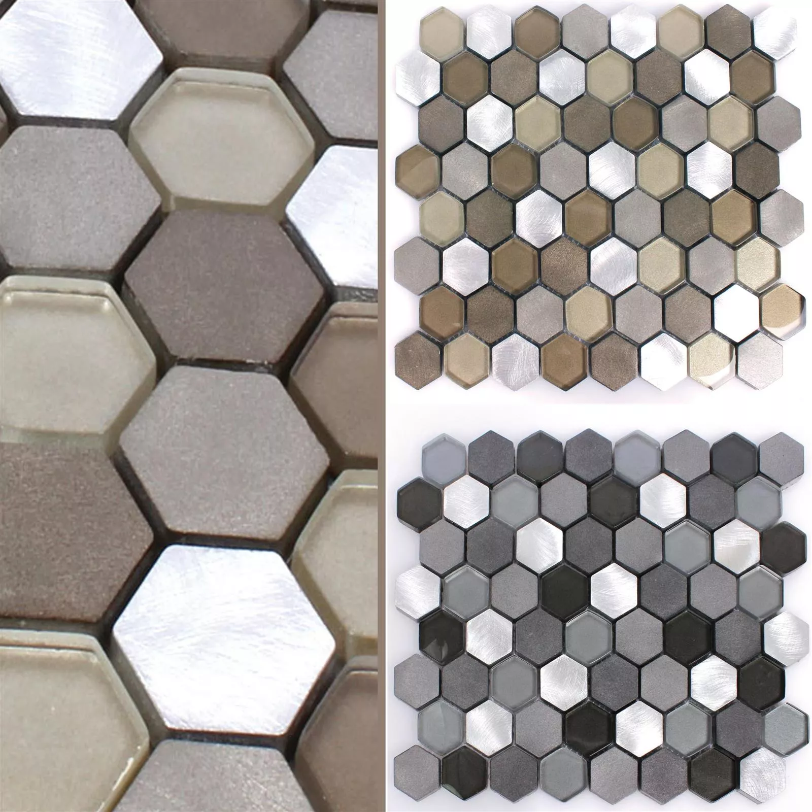 Muster von Mosaikfliesen Glas Aluminium Angela Hexagon