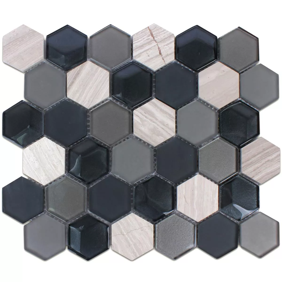 Mosaikfliesen Hexagon Glas Naturstein Schwarz Grau 3D