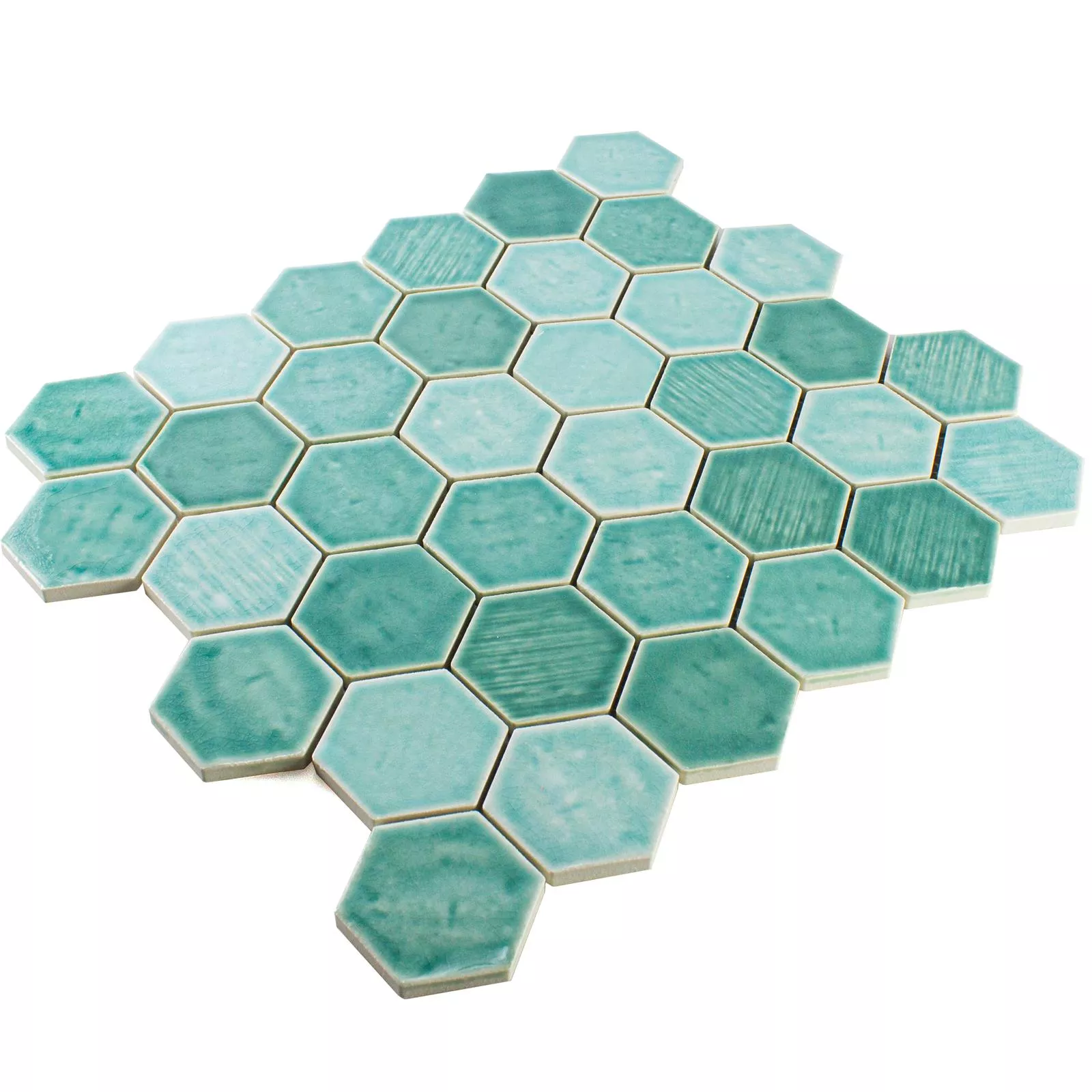 Keramik Mosaikfliese Roseburg Hexagon Glänzend Türkis