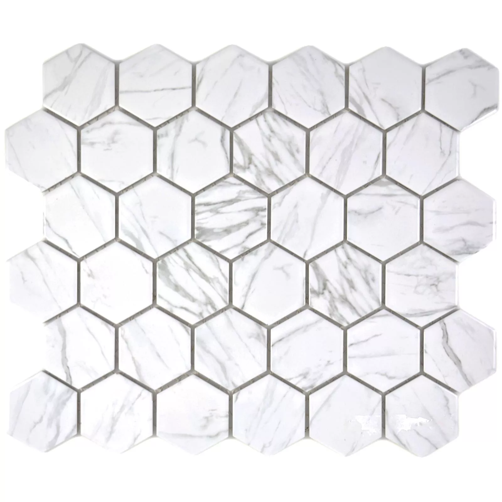 Muster von Keramikmosaik Mozart Hexagon Weiß Glänzend