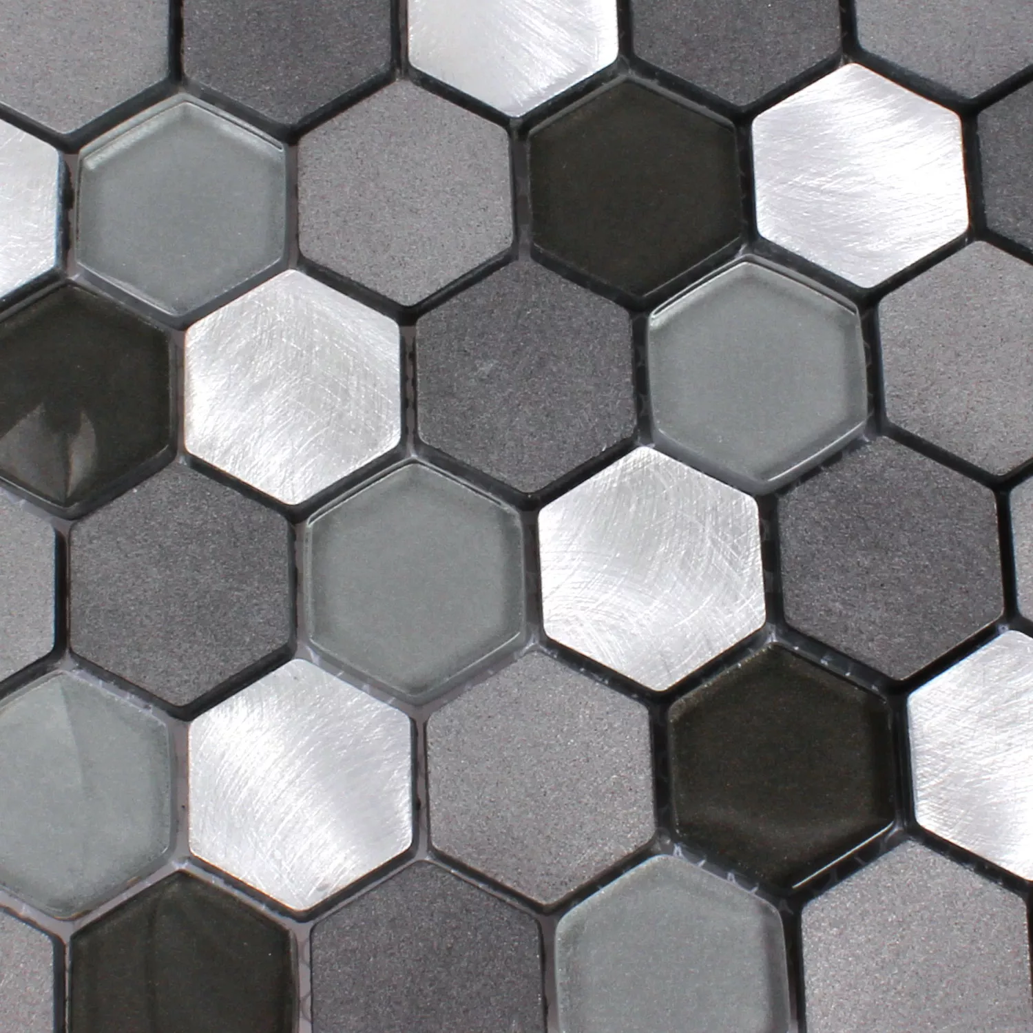 Muster von Mosaikfliesen Glas Alu Angela Hexagon Schwarz Silber
