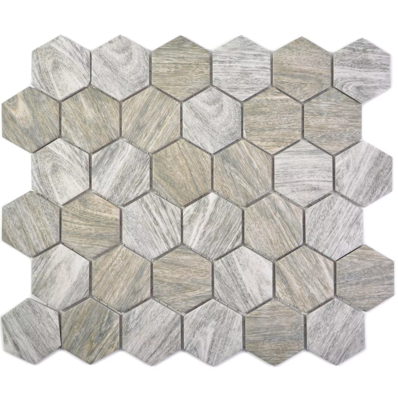 Muster von Keramikmosaik Duponti Hexagon Holzoptik Grau