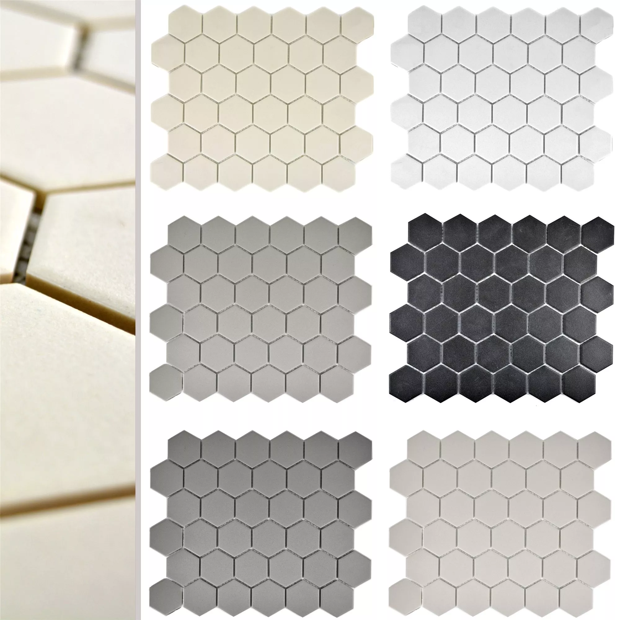 Muster von Keramik Mosaikfliesen Begomil Hexagon Unglasiert