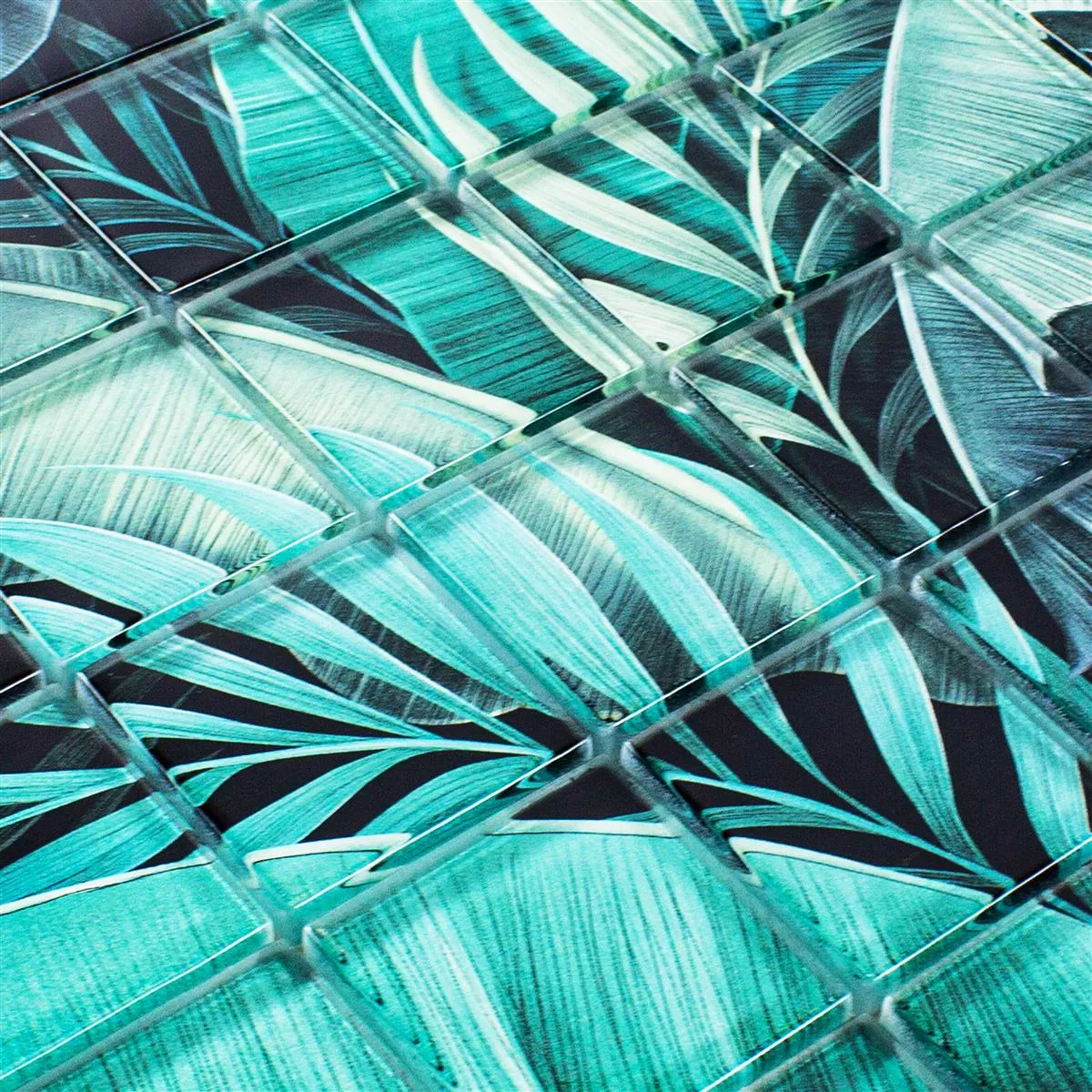 Muster von Glasmosaik Fliesen Pittsburg Blumen Optik Grün Schwarz