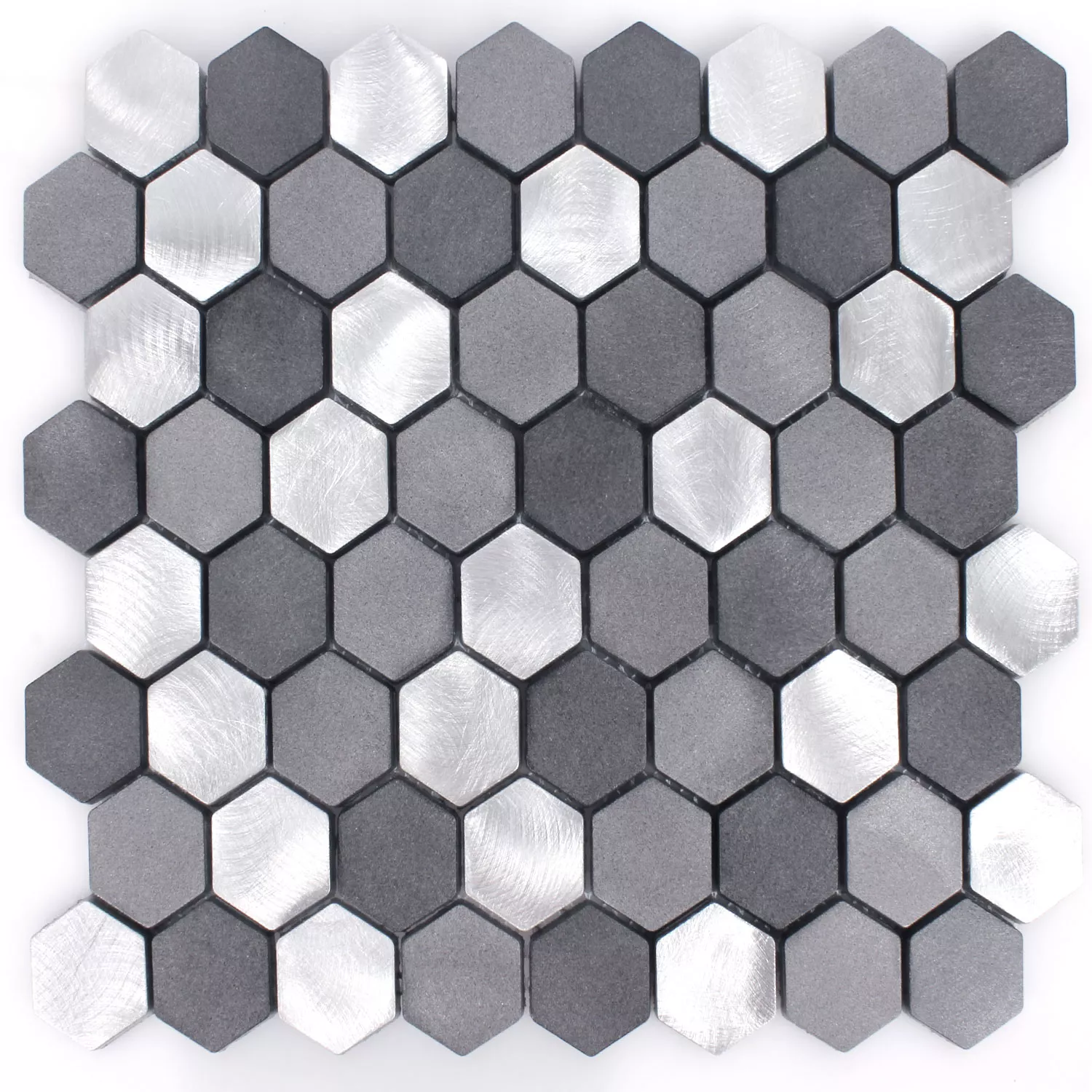 Muster von Mosaikfliesen Aluminium Apache Sechseck Schwarz Silber