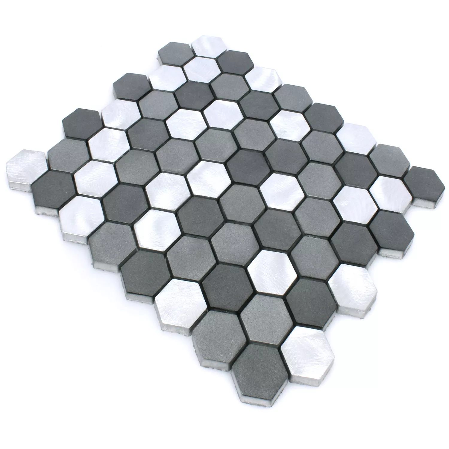 Muster von Mosaikfliesen Aluminium Apache Sechseck Schwarz Silber