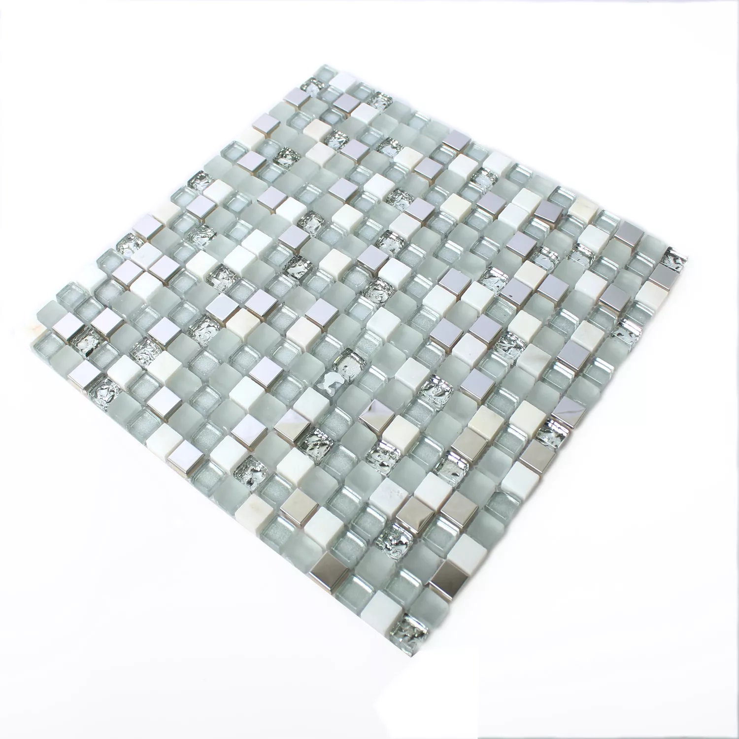 Muster von Glas Edelstahl Naturstein Mosaik Fliesen Weiss Silber
