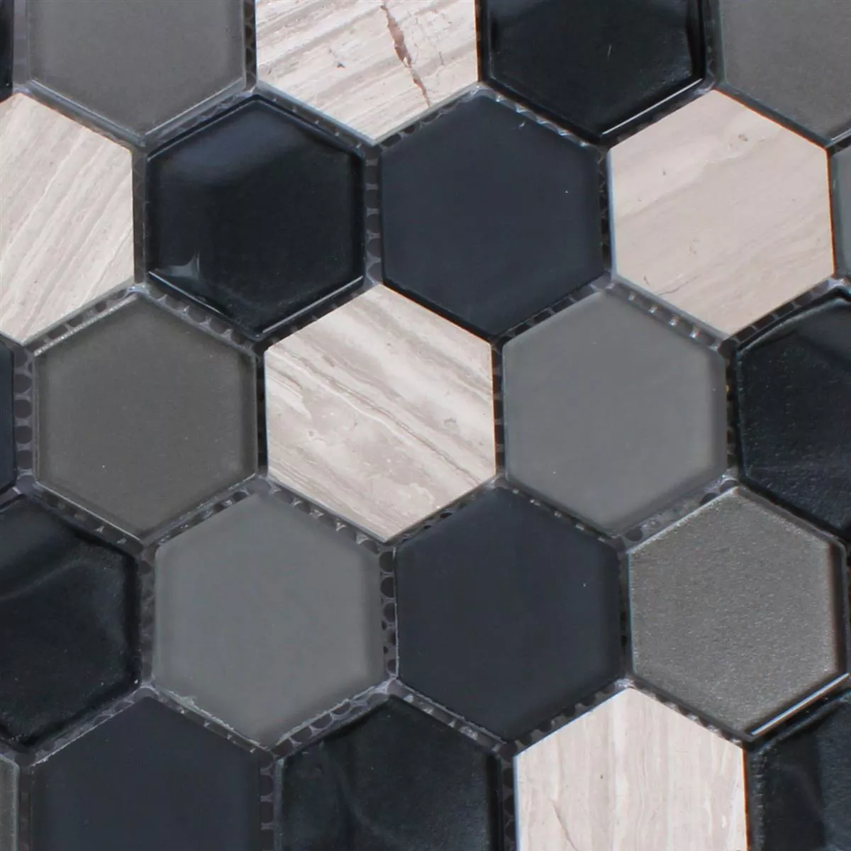 Mosaikfliesen Hexagon Glas Naturstein Schwarz Grau 3D