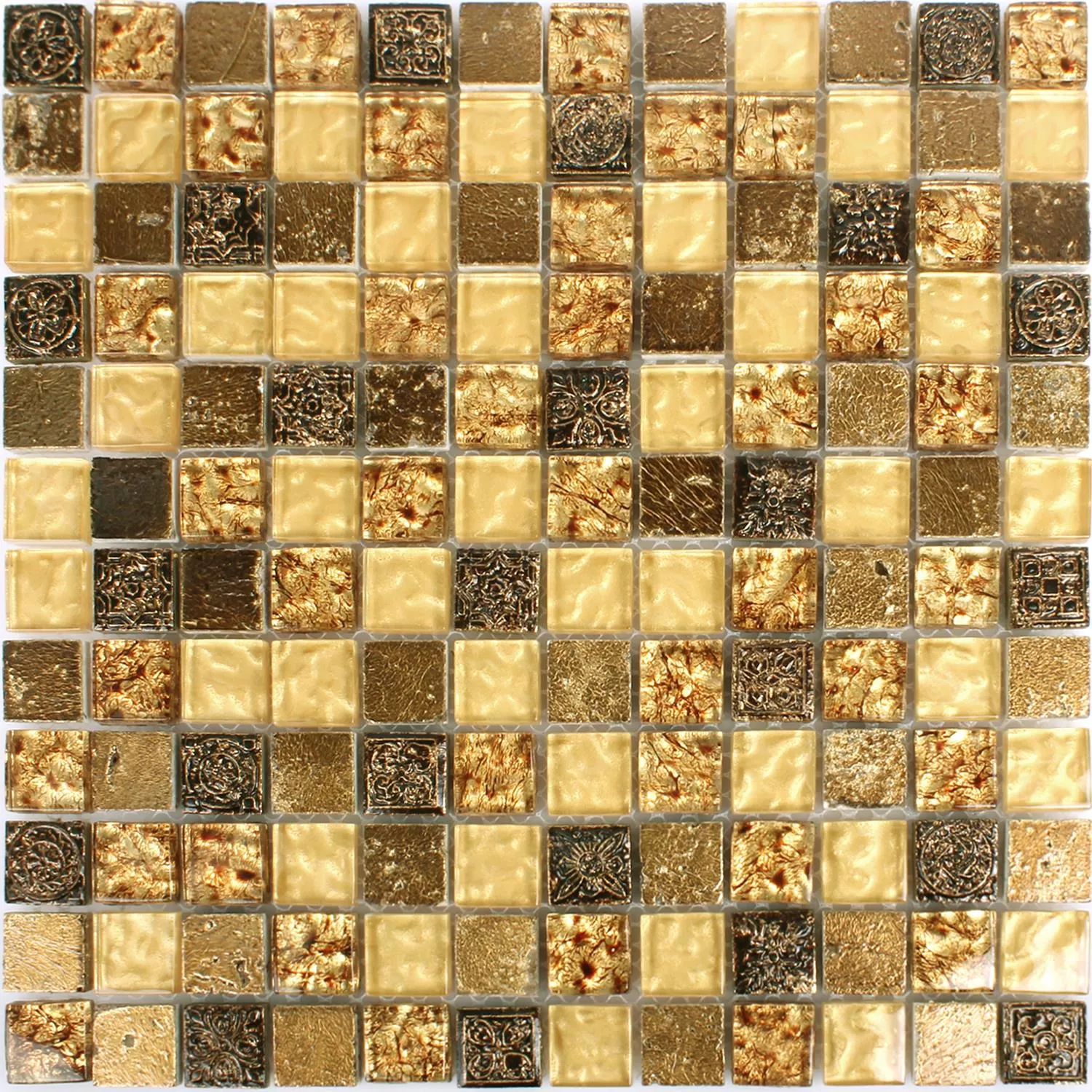 Muster von Mosaikfliesen Glas Naturstein Maya Gold