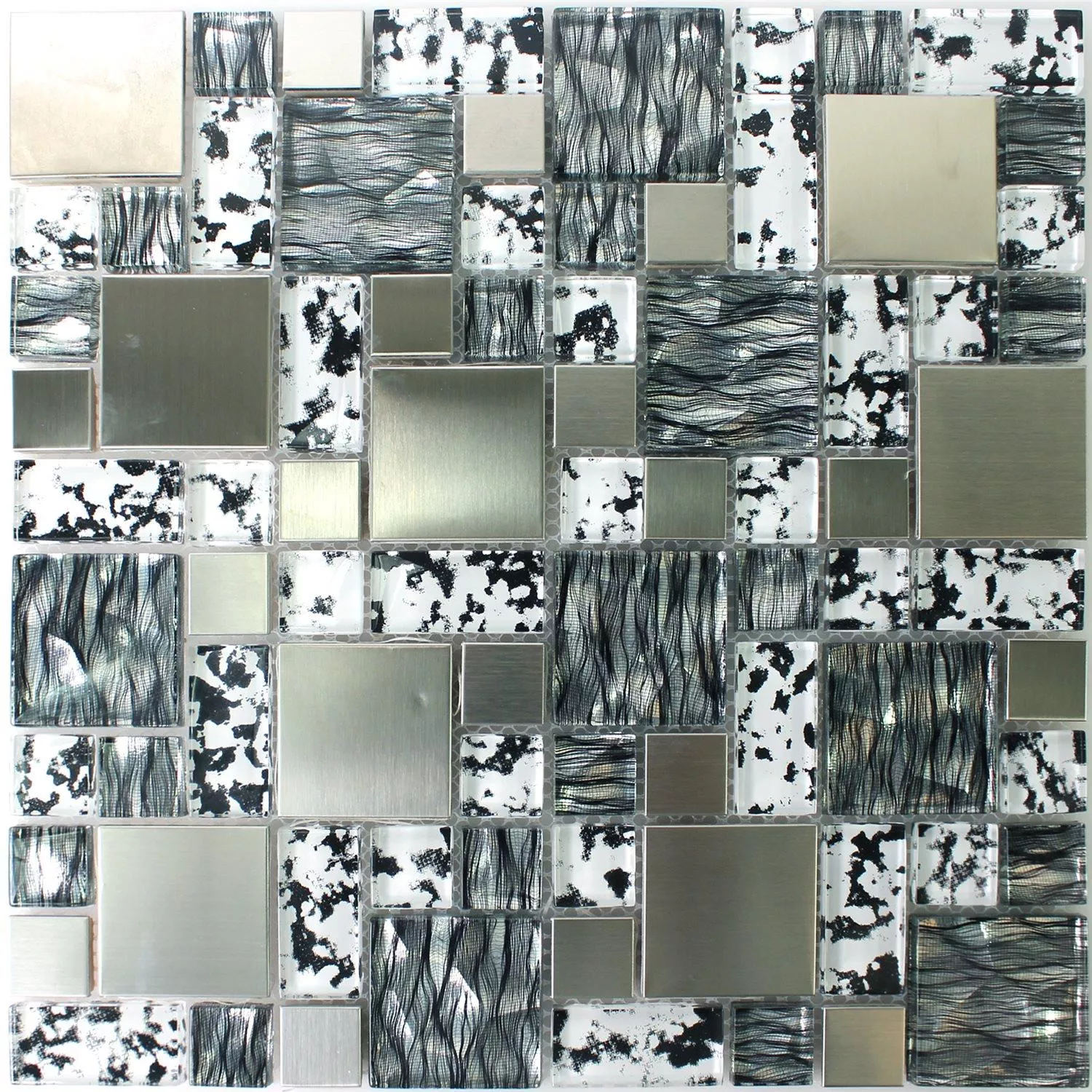 Glas Edelstahl Mosaik Rio Schwarz Silber Weiss