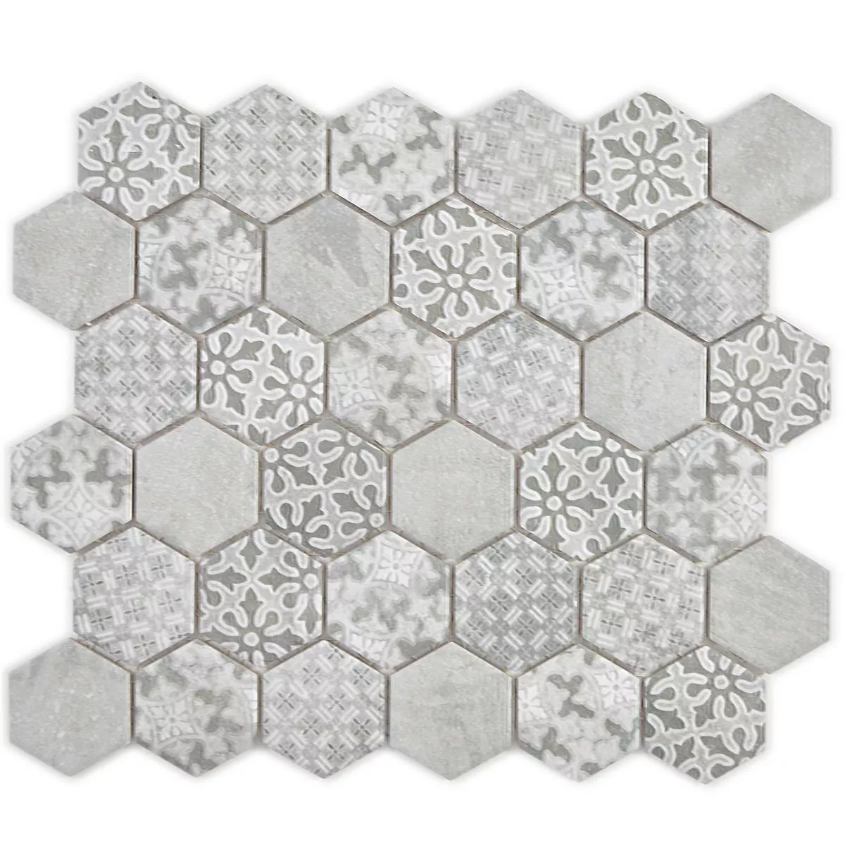 Muster von Keramikmosaik Retro Fliesen Lawinia Hexagon Grau