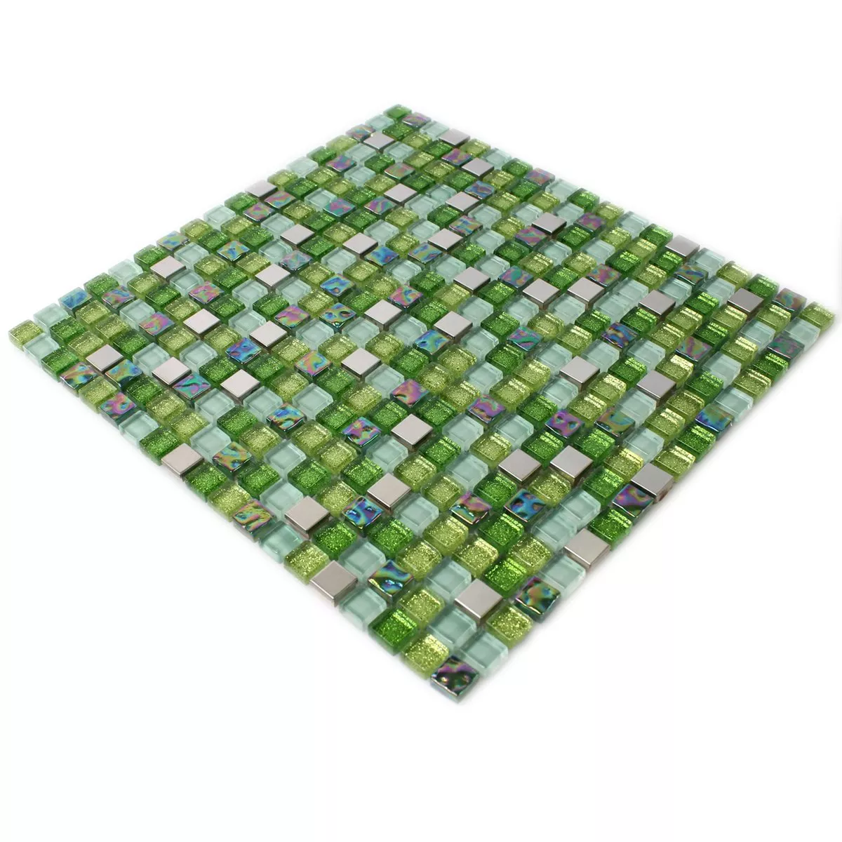 Muster von Mosaikfliesen Glas Edelstahl Grün Mix