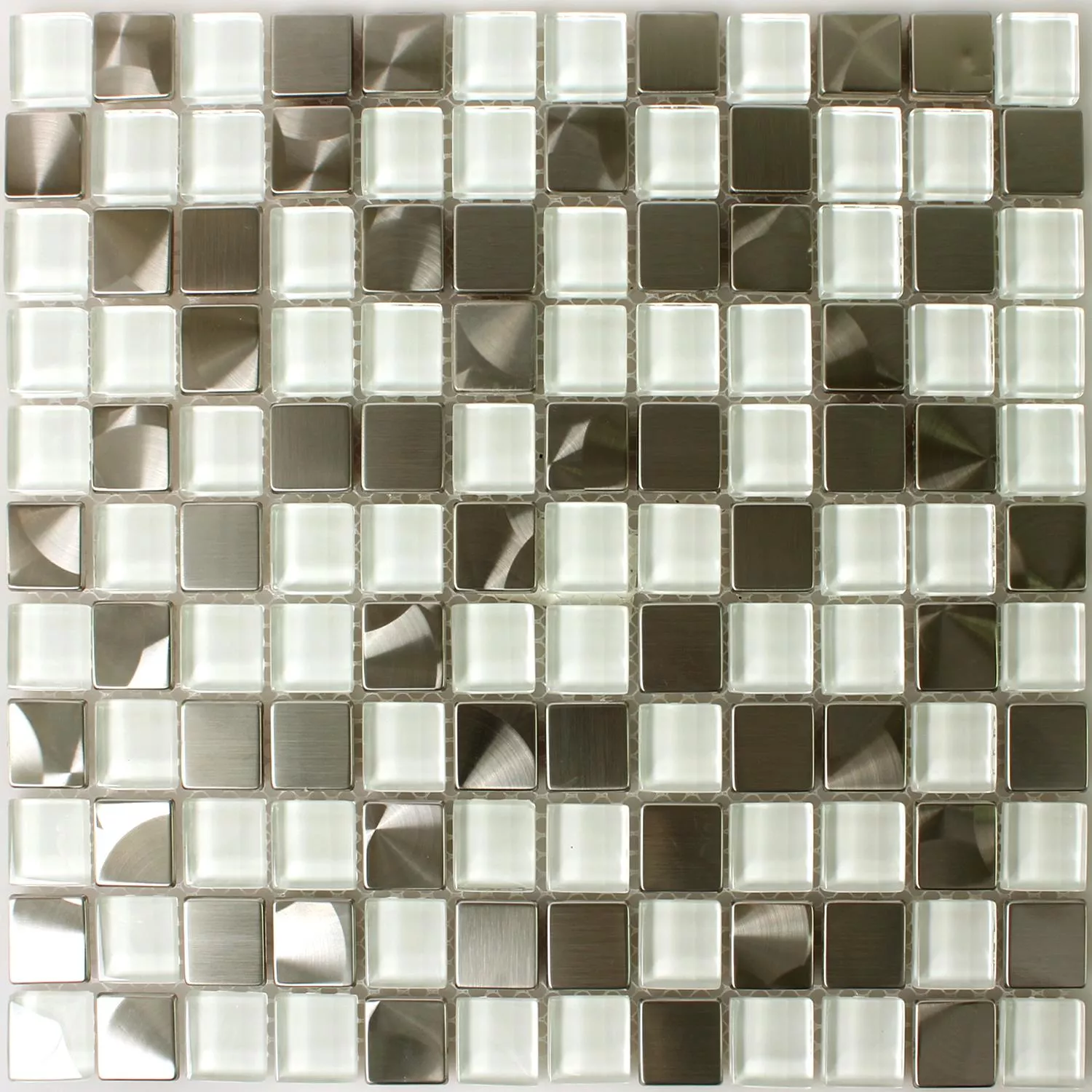 Muster von Mosaikfliesen Edelstahl Glas Weiss Silber