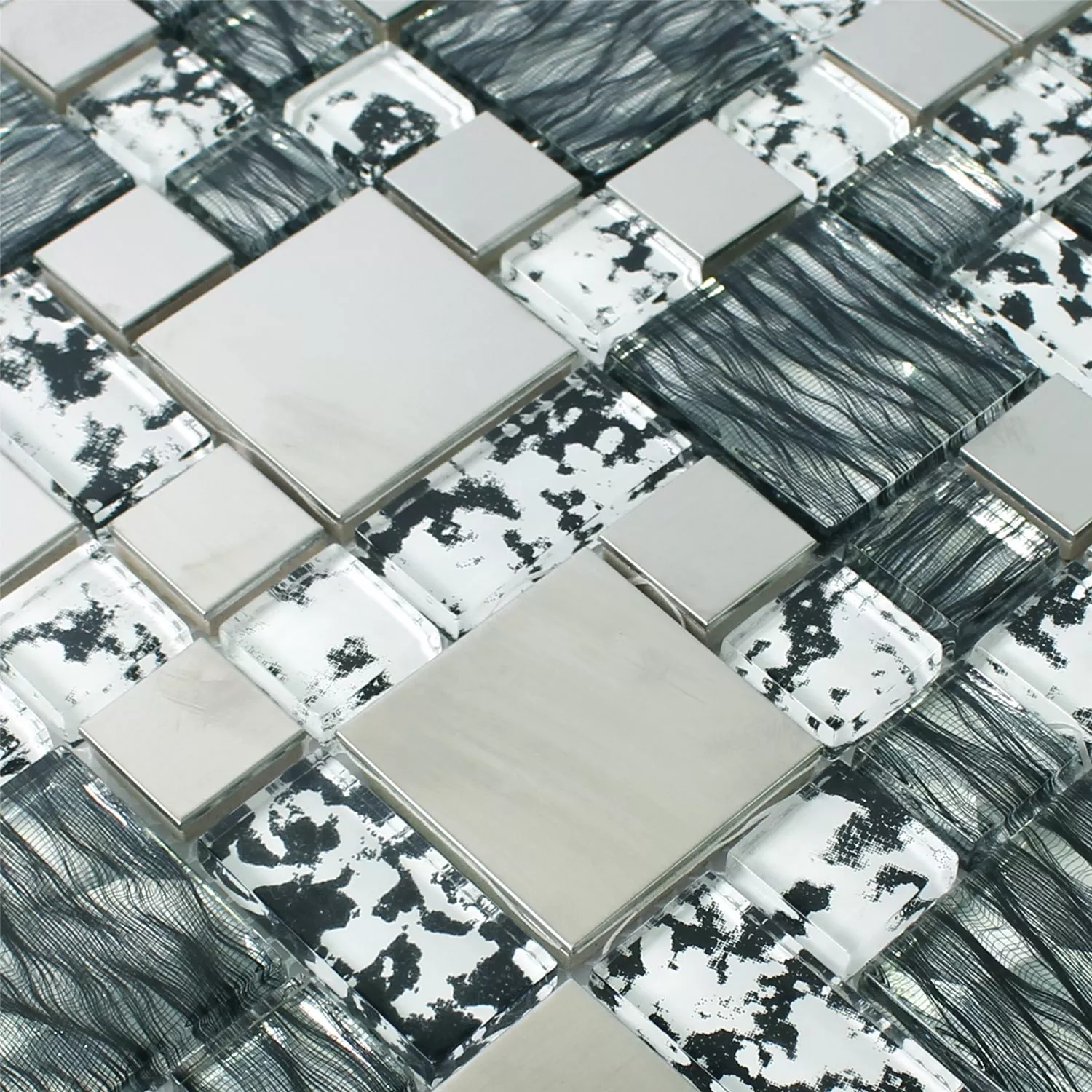 Muster von Glas Edelstahl Mosaik Rio Schwarz Silber Weiss
