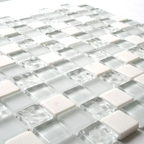 Mosaikfliesen Glas Marmor 23x23x8mm Weiss Mix