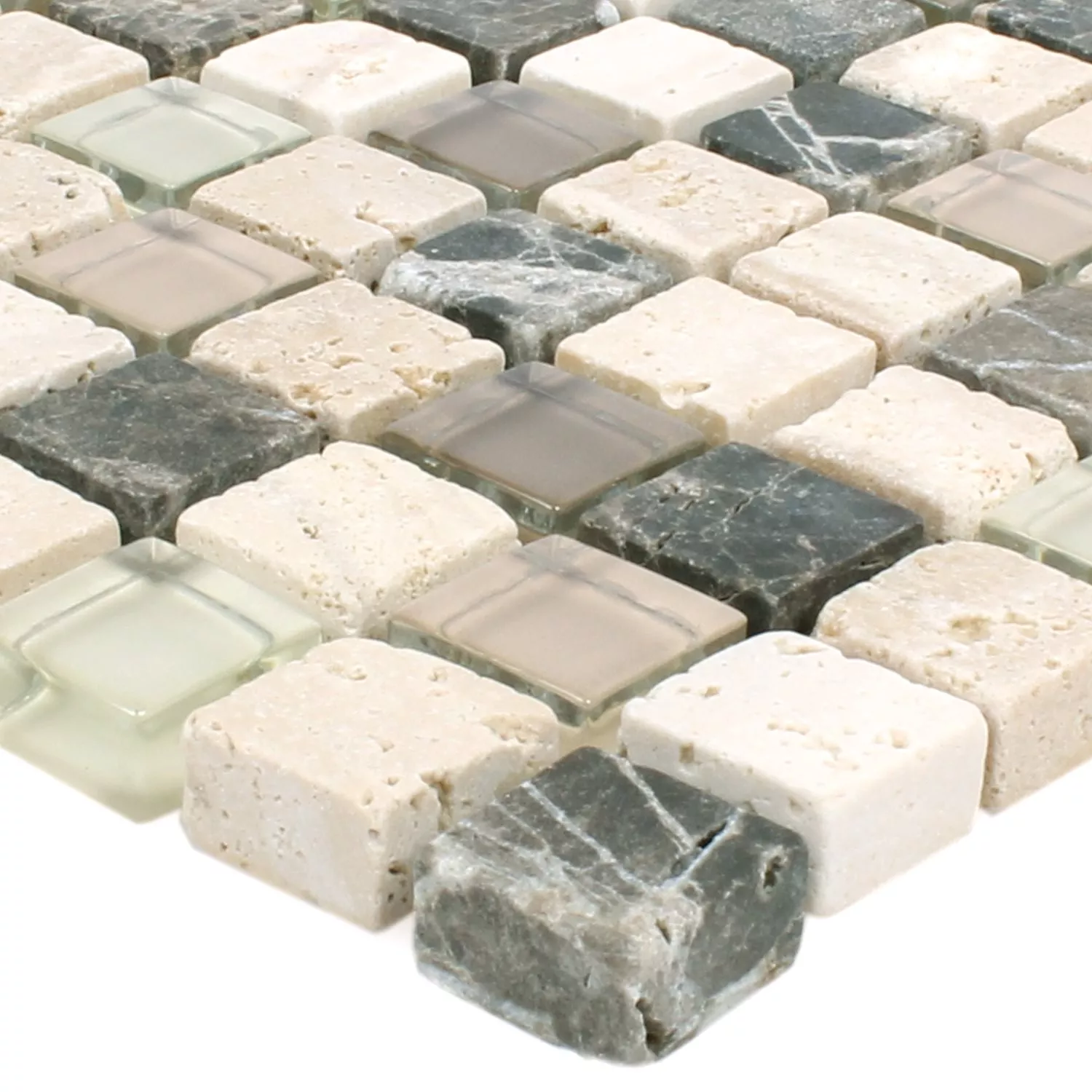 Muster von Mosaikfliesen Milos Glas Naturstein Mix Braun Beige Quadrat
