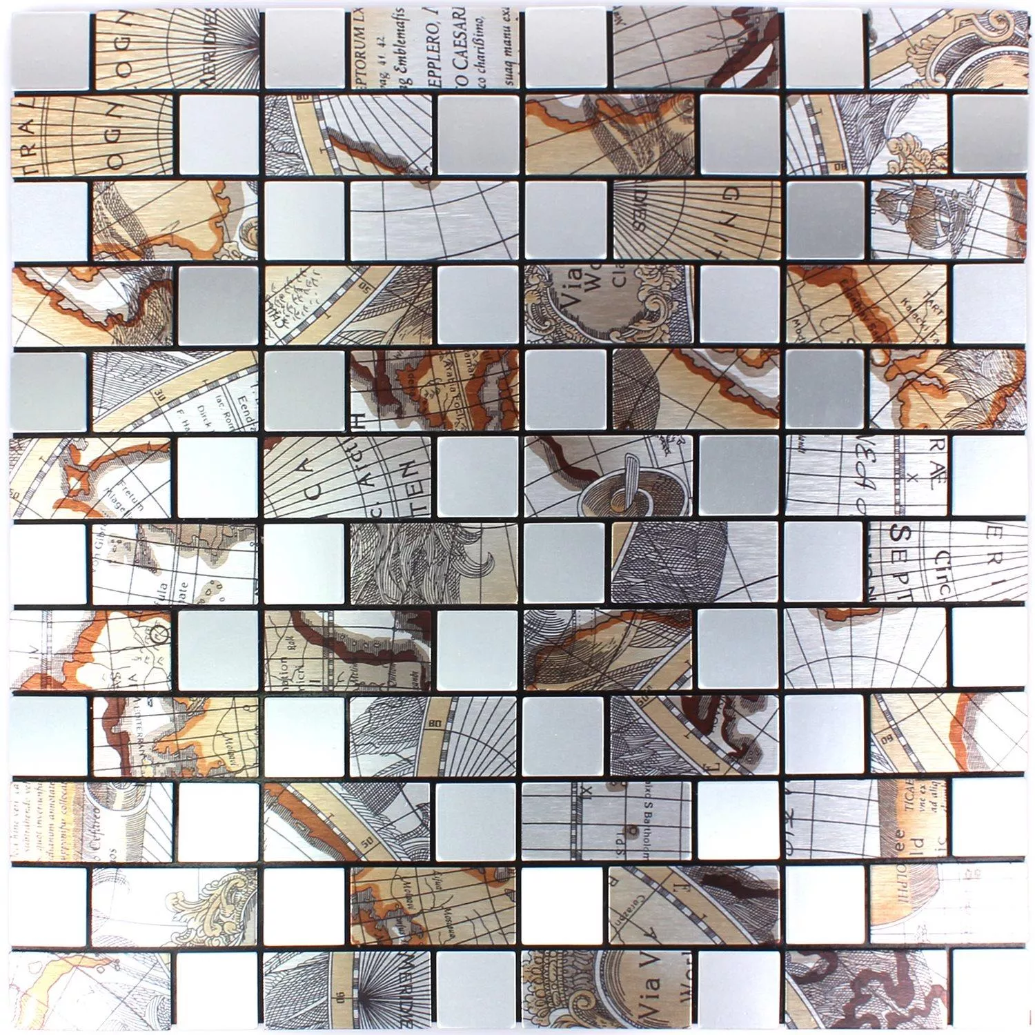 Muster von Mosaikfliesen Metall Selbstklebend Pinta Weltkarte Silber Rechteck