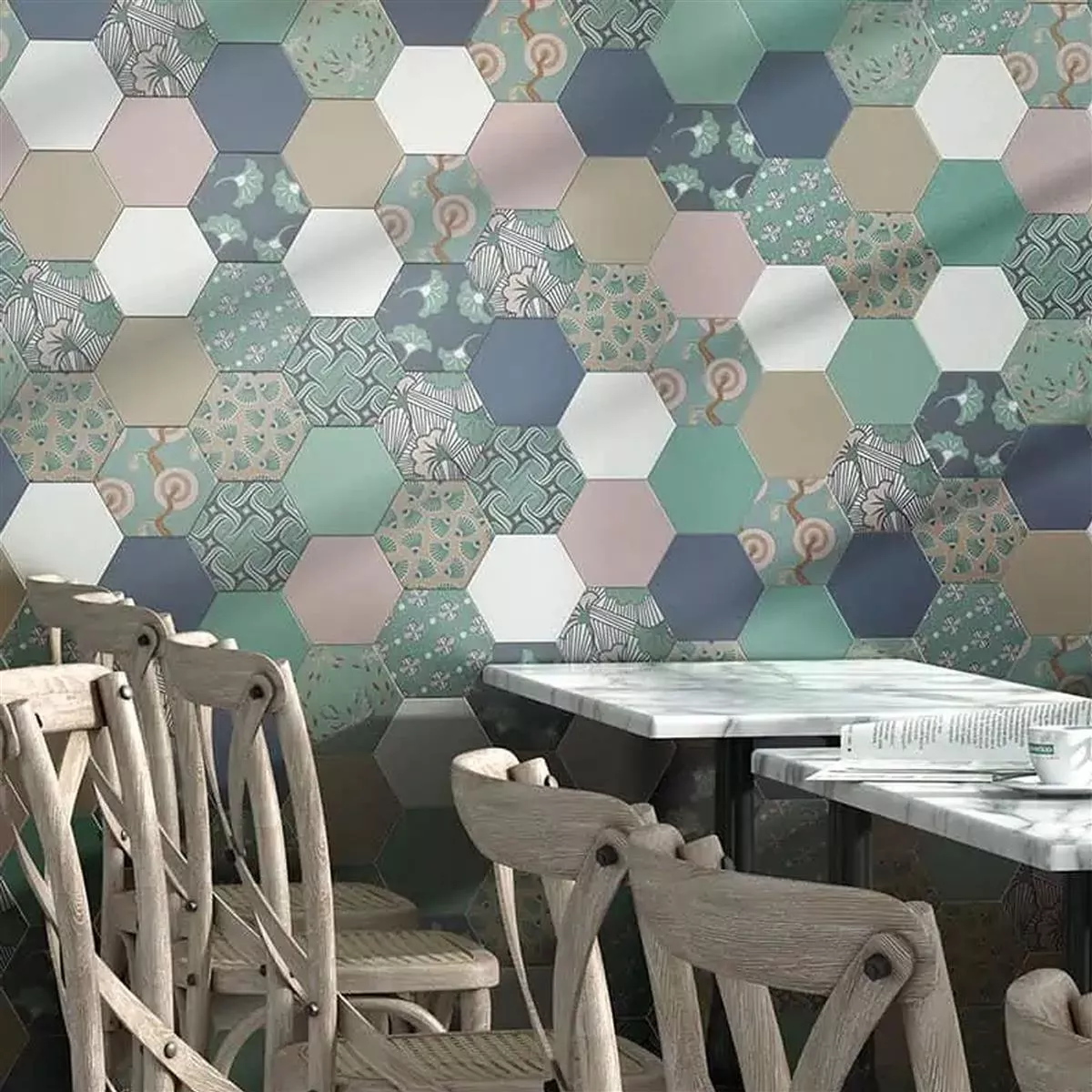 Muster von Feinsteinzeug Fliesen Modena Hexagon Uni Weiß